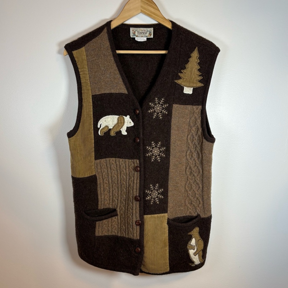 Vintage Transit Romantique Brown Patchwork Wool Vest Size Large, Retro Vibe,